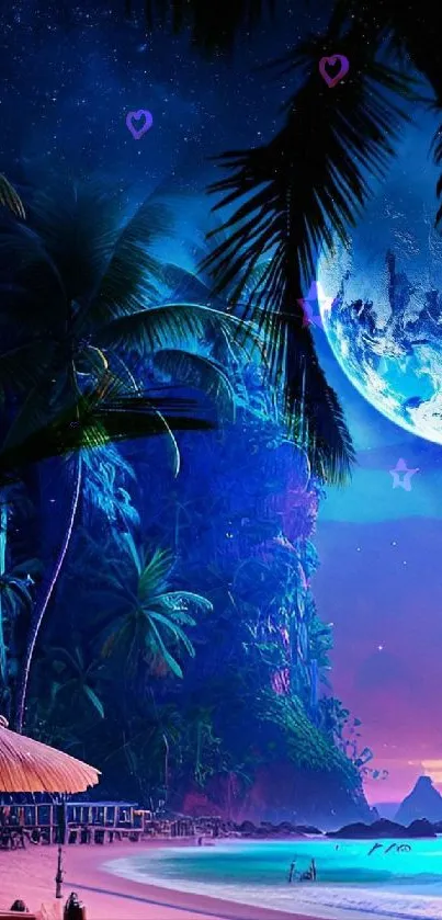 Tropical beach at night with a luminous blue moon.