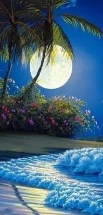 Tropical night beach with moon reflecting on ocean waves.