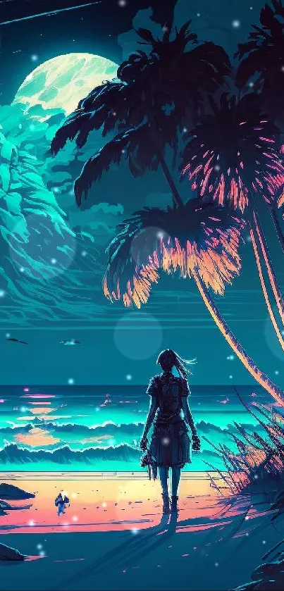 Surreal tropical night wallpaper with ocean, moon, and palm trees.