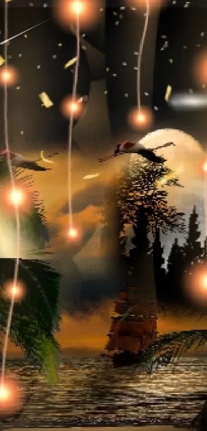 Tropical night fantasy wallpaper with glowing lights and palm trees.