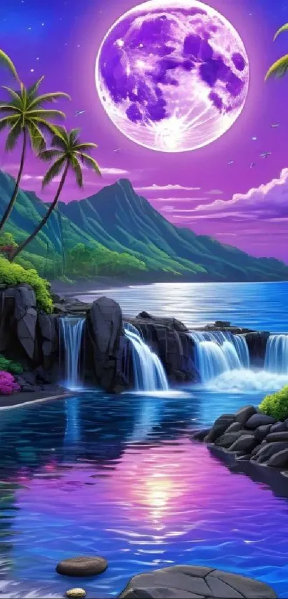 Tropical fantasy wallpaper with moonlit waterfall and purple hues.