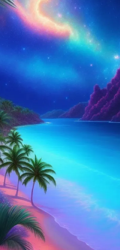 Beautiful tropical night scene with palm trees and a glowing aurora over the beach.