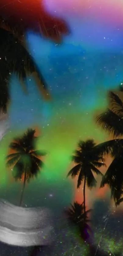 Colorful tropical night with palm silhouettes.