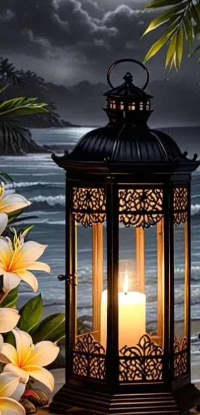 Night sea scene with lantern and tropical flowers under a moonlit sky.