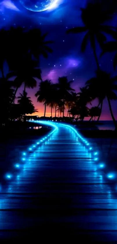 Nighttime tropical wallpaper with glowing path and palm silhouettes.