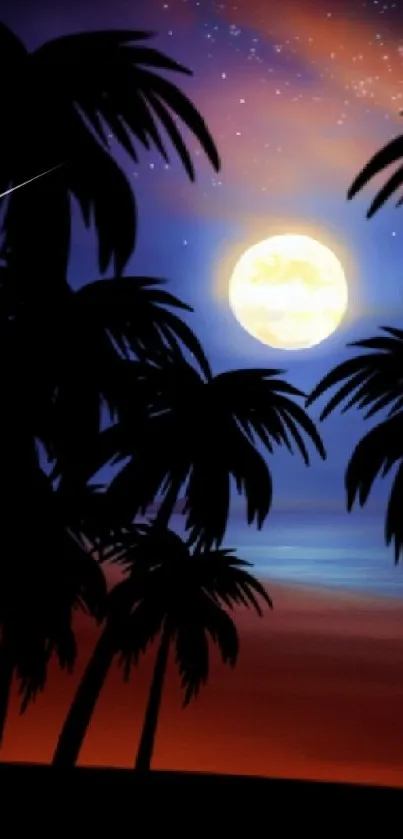 Tropical night wallpaper with palm silhouettes and full moon.