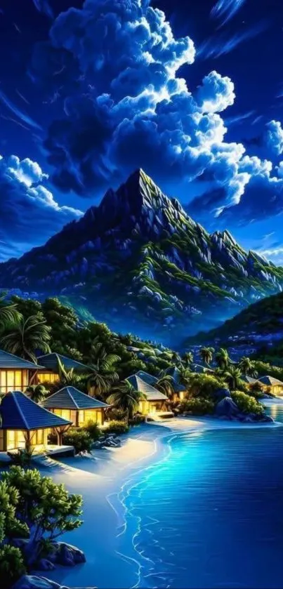 Serene tropical island nightscape with mountains and illuminated huts.