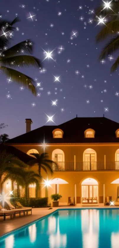 Elegant tropical villa with pool and starry night sky.