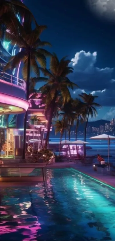 Tropical night scene with neon lights, palm trees, and moonlit pool.