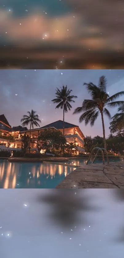 Tropical resort at night with illuminated pool and palm trees.