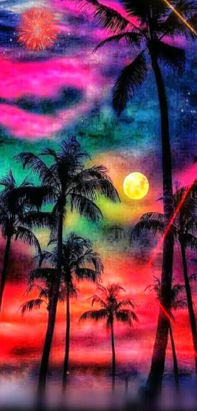 Tropical night sky wallpaper with magenta hues and silhouetted palm trees.