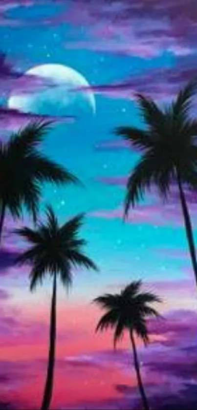 Vibrant tropical night sky with palm silhouettes and colorful clouds.