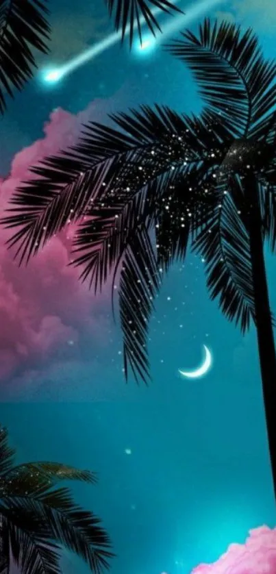 Tropical night sky with palms, pink clouds, and a crescent moon.