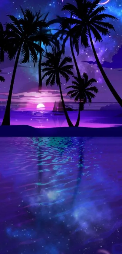 Tropical night sky with palm trees and purple hues.