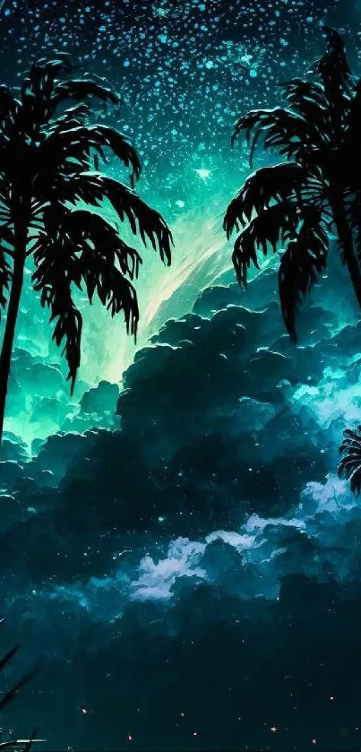 Tropical night sky wallpaper with palms and aurora.