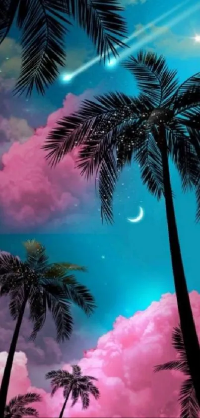 Tropical night sky with palm trees and pink clouds.