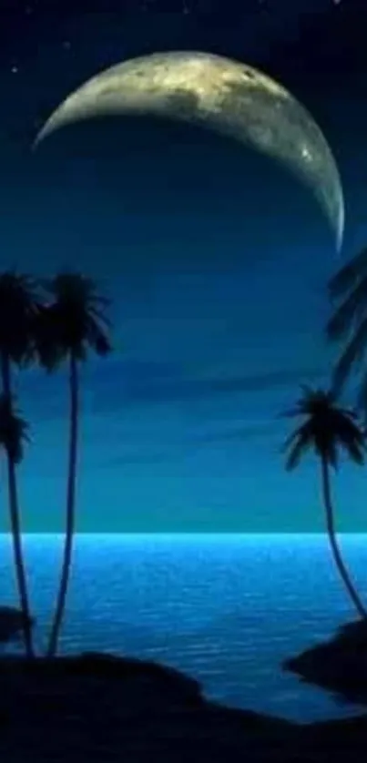 Serene night sky wallpaper with crescent moon and palms.