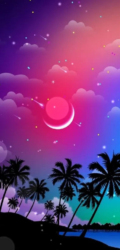 Tropical night sky with colorful clouds and palm trees wallpaper.