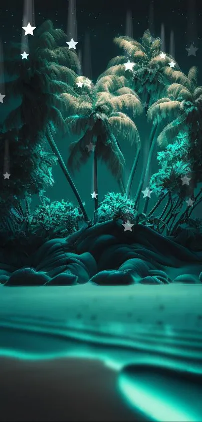 Tropical beach under night sky with stars and teal glow, featuring palm trees.