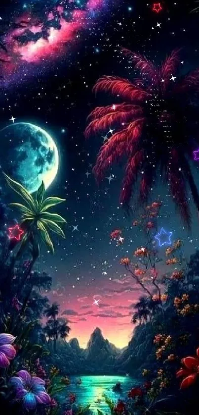 Mystical tropical night with galaxy and palm trees.