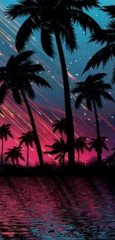 Palm tree silhouettes against a starry, colorful night sky wallpaper.