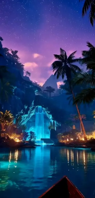 Tropical night scene with waterfall, sky, and palm trees.