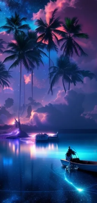 Tropical nightscape with palm silhouettes and starry skies reflected on calm waters.