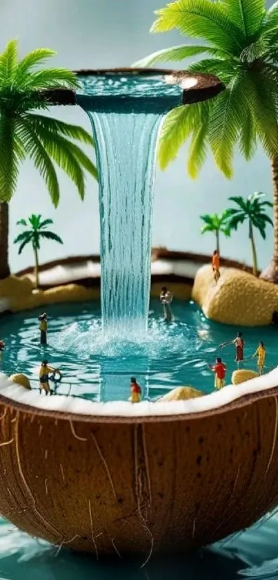 Miniature tropical paradise in a coconut with a waterfall and palm trees.