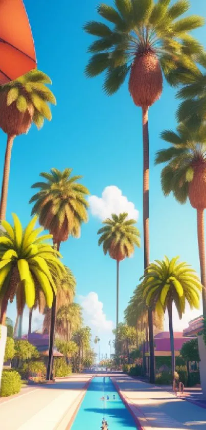 Tropical palm trees under a clear blue sky in a digital art setting.