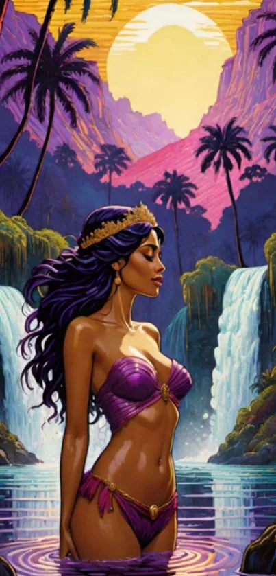 Mystical woman in a purple bikini amidst a tropical sunset and waterfalls.