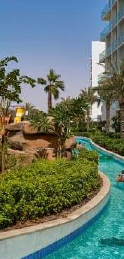 Serene tropical landscape with pool, palm trees, and vibrant greenery under clear sky.