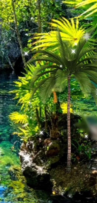 Vibrant tropical wallpaper with palm trees and clear water stream.