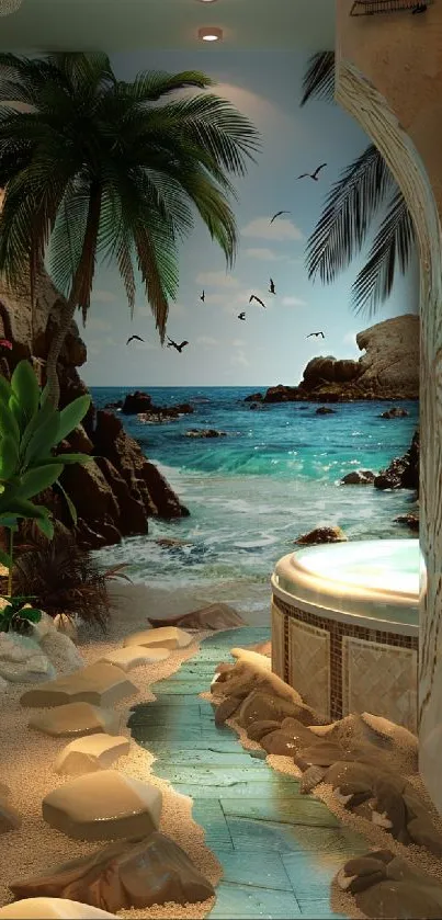 Tropical beach wallpaper with ocean, palms, and rocky shoreline.