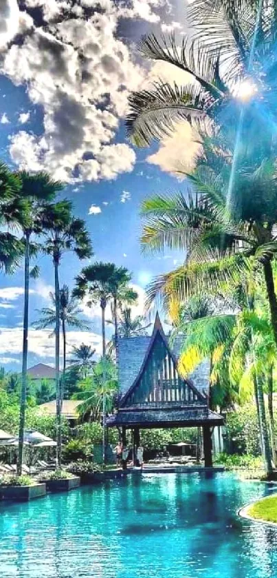 Tropical poolside with palm trees and vibrant blue water under a sunny sky.