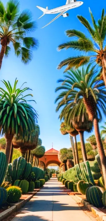 Tropical oasis with palm trees, blue sky, and a soaring jet.