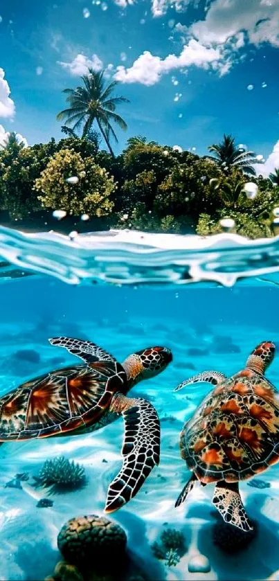 Sea turtles swim in vibrant tropical paradise with clear water and palm trees.