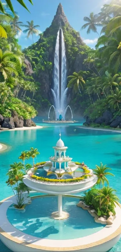 Tropical oasis with waterfall and palm trees over a tranquil lagoon.