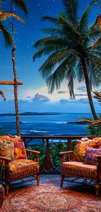 Tropical balcony view with ocean and stars