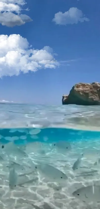 Tropical ocean view with crystal-clear waters and clouds against a blue sky.