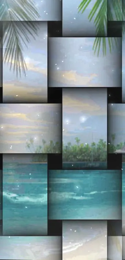 Tropical ocean collage with palm leaves and sunset hues.