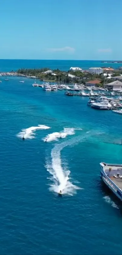 A vibrant tropical ocean dock with boats and clear blue water.