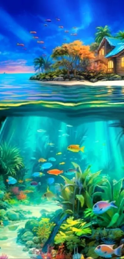 Tropical ocean wallpaper with underwater scene and cabin on island.