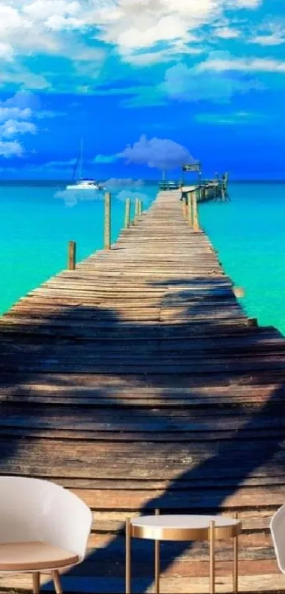 Tropical pier and turquoise ocean wallpaper with a wooden path leading to the sea.