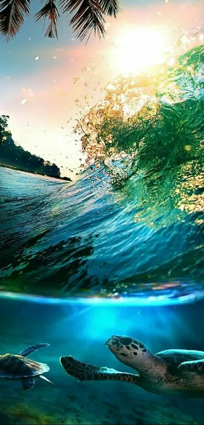 Beautiful tropical ocean scene with waves and turtles at sunset.