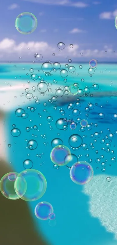 Tropical ocean view with floating bubbles and vibrant blue tones.