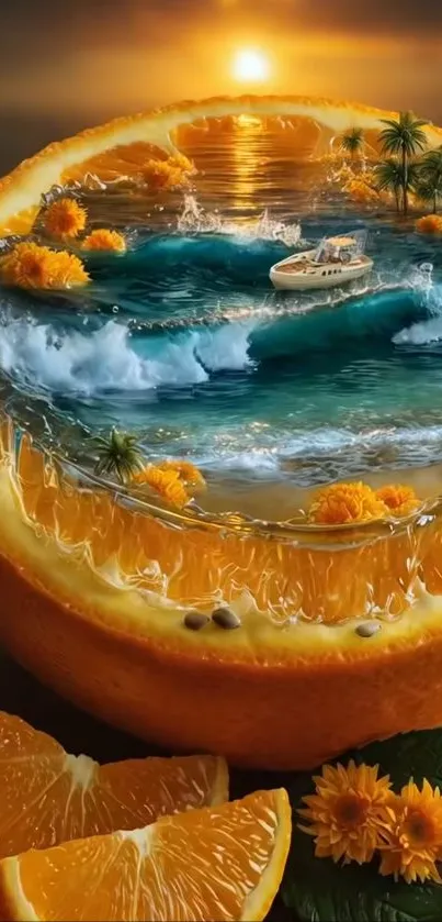 Surreal tropical seascape within an orange slice with a boat.