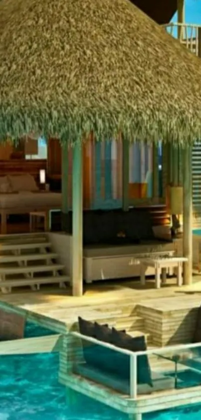 Stunning overwater bungalow with turquoise waters and wooden deck.