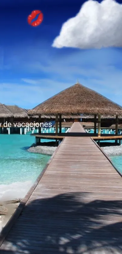 Tropical overwater bungalow under blue sky with wooden walkway.