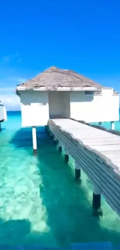 Overwater bungalow on turquoise waters under a blue sky in tropical paradise.