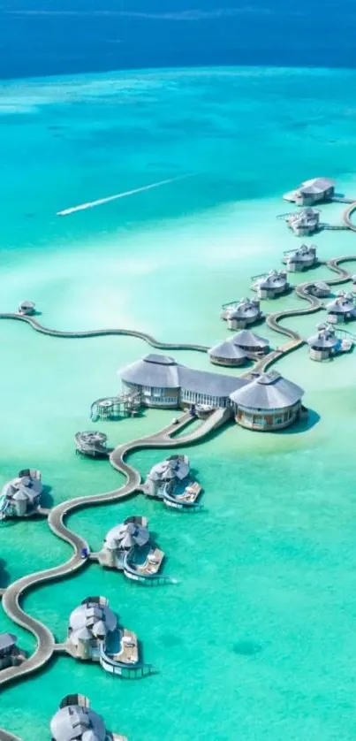 Overwater villas on turquoise ocean in tropical paradise.